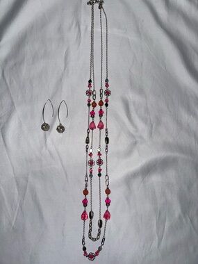 Layered Pink Bead Long Necklace with Earrings
